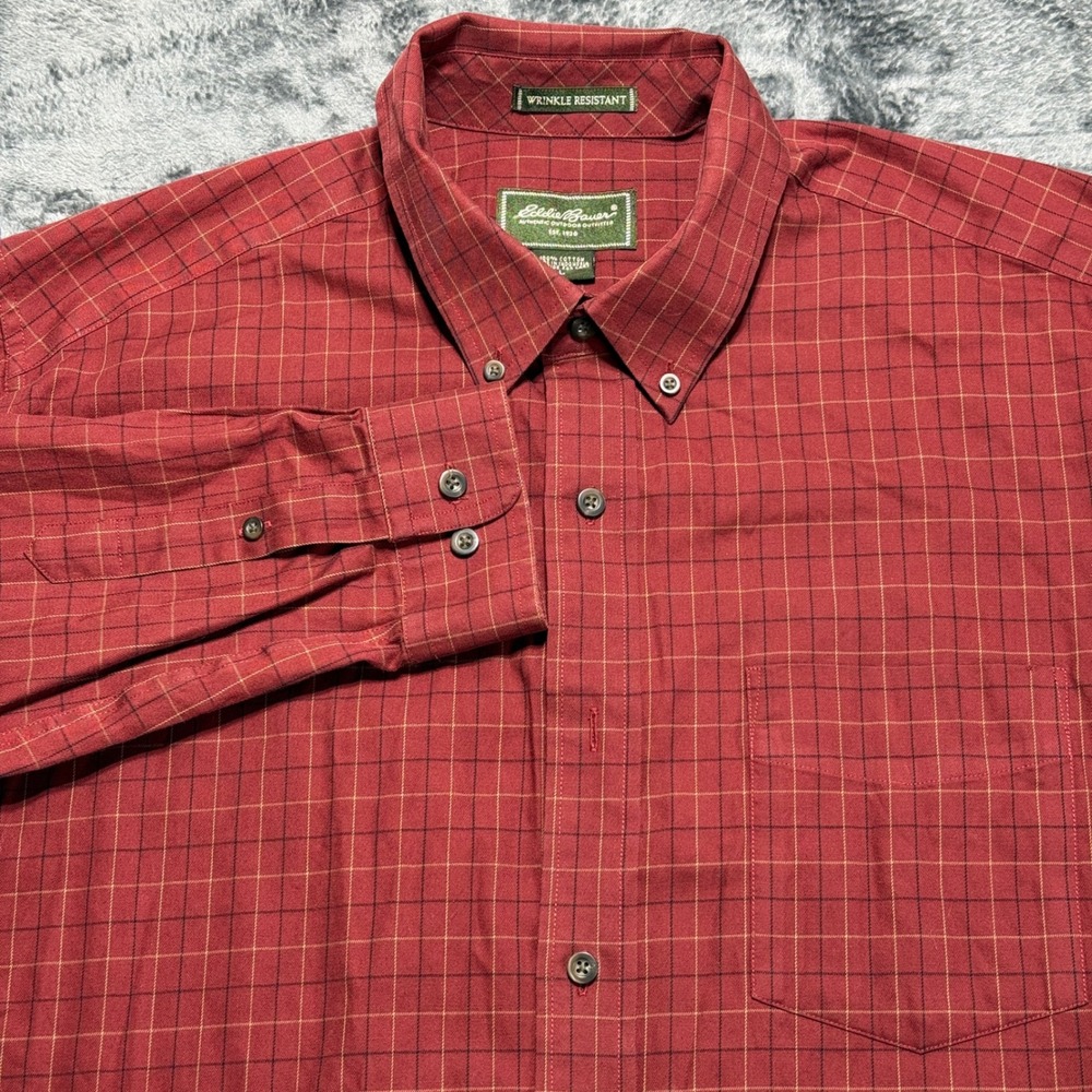 Eddie Bauer Button Front Shirt Mens L Red Grid Wrinkle Resistant 13401605